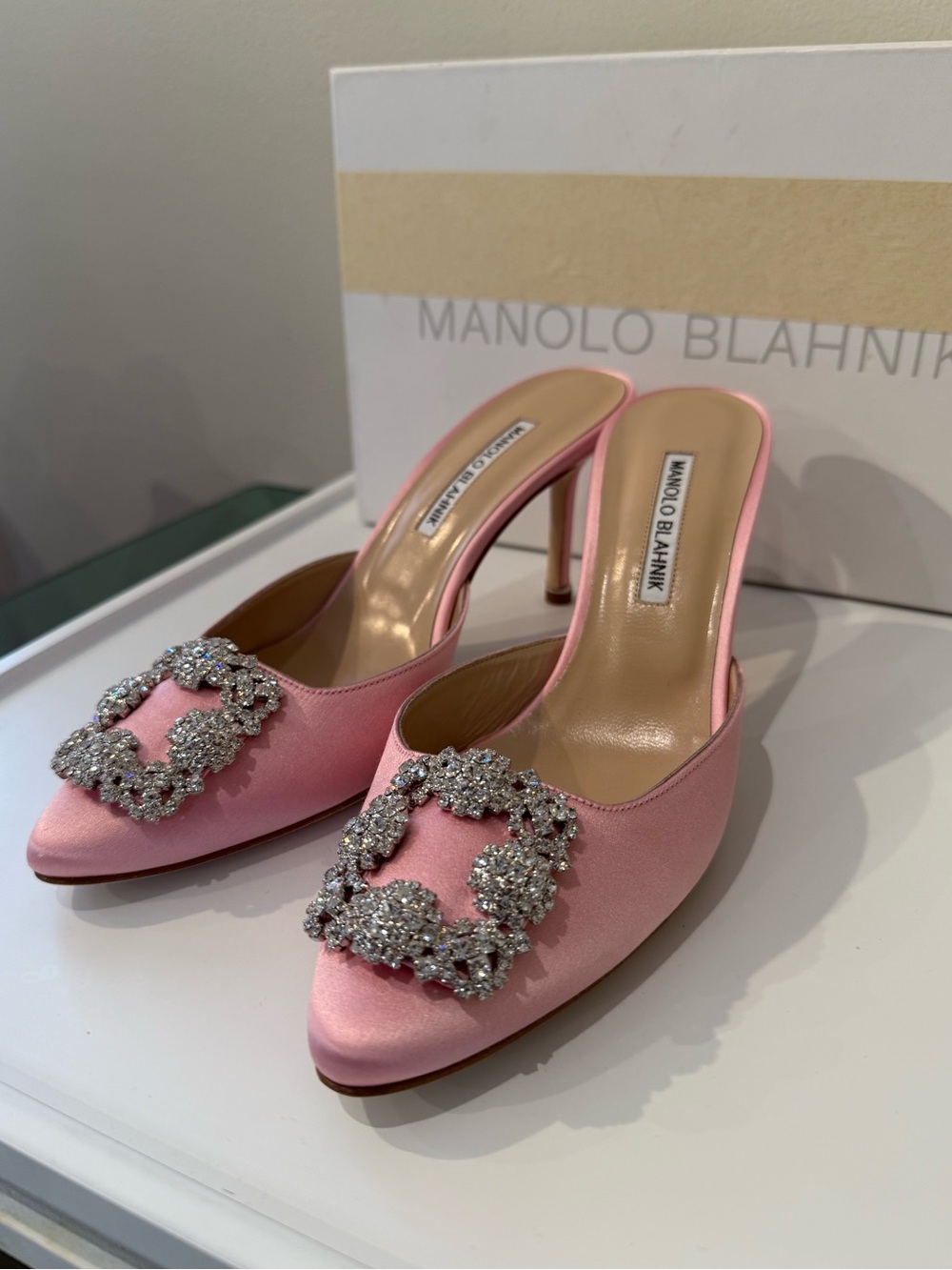 Manolo Blahnik Pink Satin Crystal Buckle Slide Mules